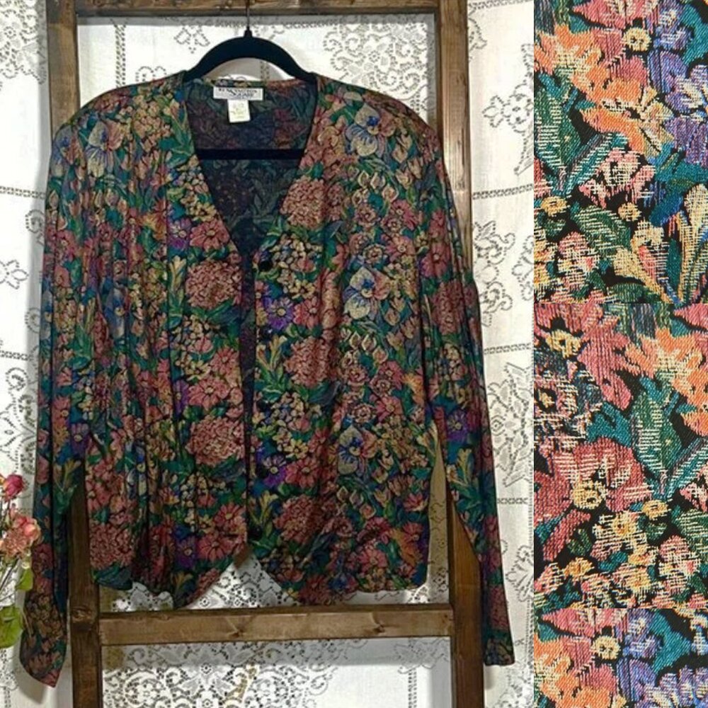 Vintage 1990s 80s Floral Kensington Square Long Sleeved Vest Jacket Top - Size L
